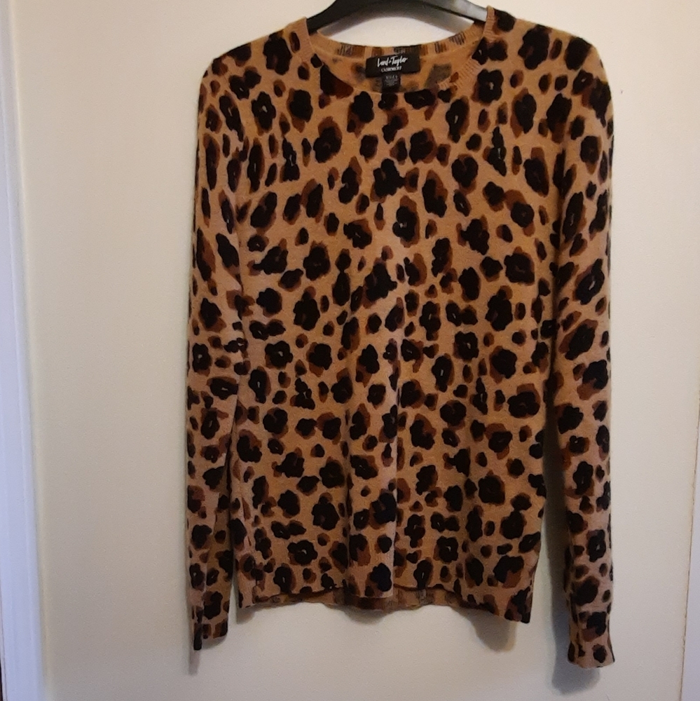 Lord & Taylor Leopard Print 100% Cashmere Crew Neck Sweater